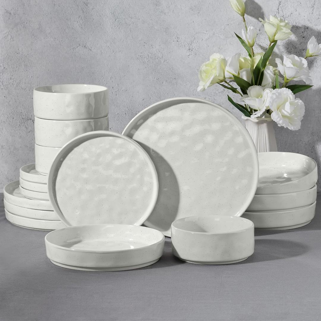 E-far 16-Piece Plates and Bowls Sets with Pasta Bowls - Stoneware Dinnerware Set for 4, Modern Ribbed Speckled White Dishes, Microwave & Dishwasher Safe
