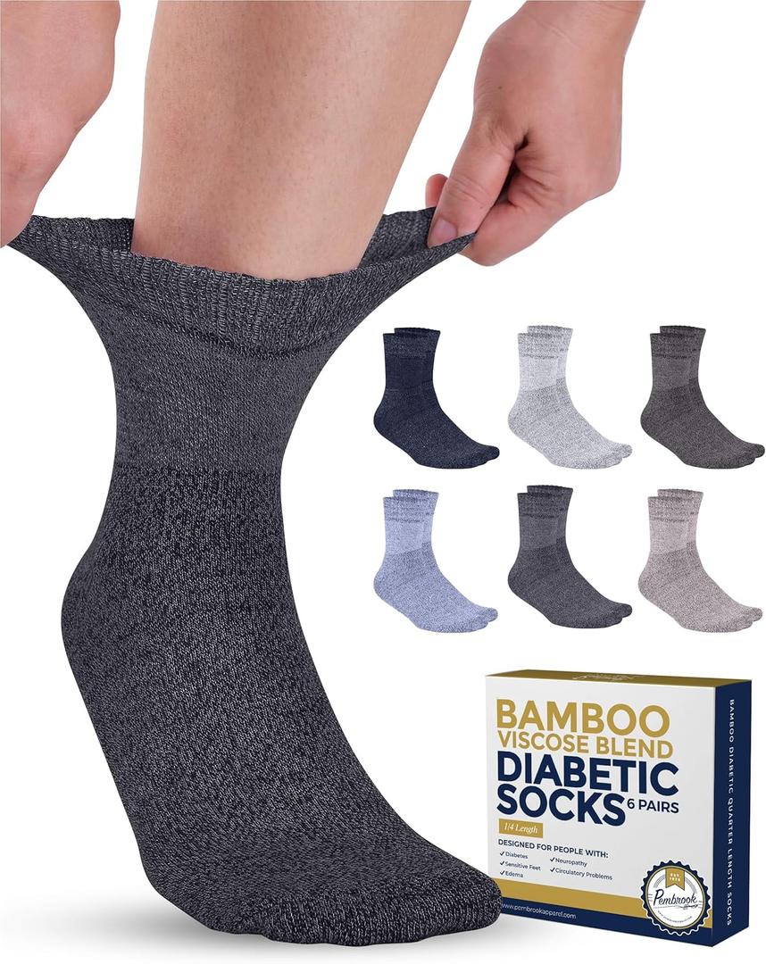 Pembrook Bamboo Viscose Diabetic Socks for Women & Men - 6 Pairs Ankle Socks for Swollen Feet | Neuropathy Socks | Moisture Wicking Diabetes Socks | Tan, Light Tan, Navy, Light Blue, Grey, Light Grey (Large)