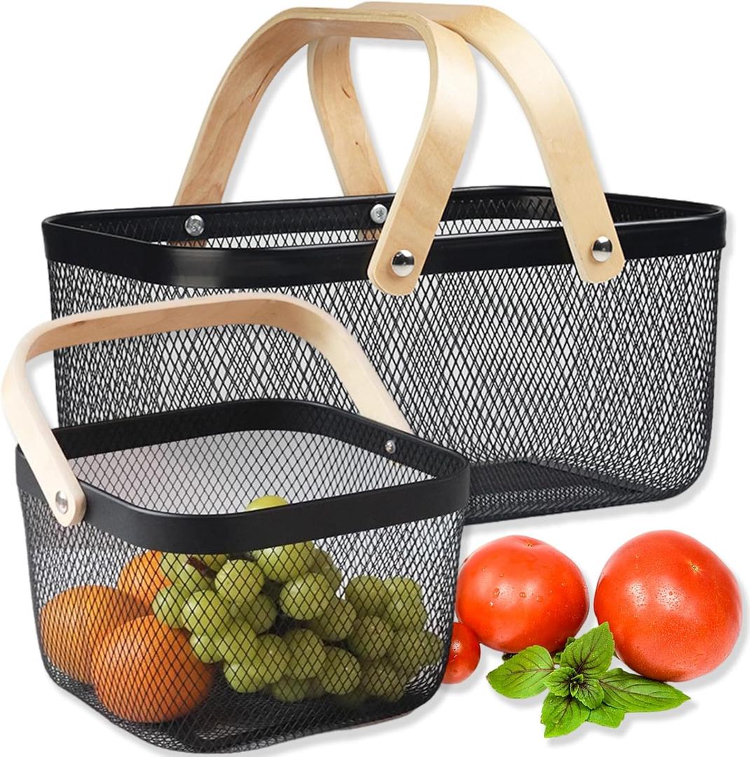 Cheardia 2 Pack Picnic Baskets, Metal Mesh Harvest Basket with Foldable Wooden Handle, Rectangle Garden Storage Basket Bin for Vegetable Fruit Garden Kitchen Cabinet Picking Gathering (Black)