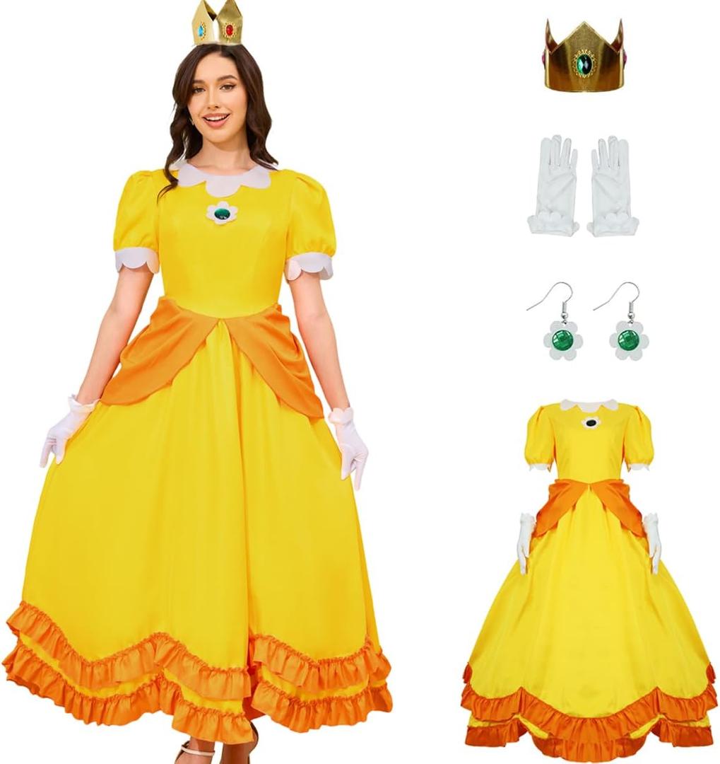 PAINEOMN Princess Dress for Women Halloween Princess Cosplay Costume Crown Earrings Gloves Set Adult Fancy Dress Suit (3X-Large)