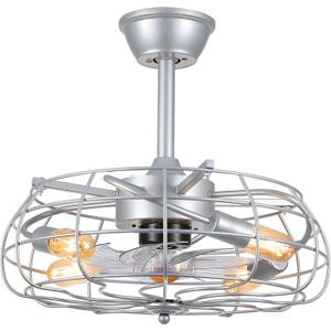 Asyko Outdoor Caged Ceiling Fans with Lights - Bladeless Low Profile Ceiling Fan Light with Remote, 19" Enclosed Ceiling Fan for Covered Outdoor (Silver)