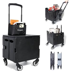 Foldable Utility Cart Portable Rolling Crate Handcart Shopping Trolley Collapsible Rolling Crate cart Tool Box, with Lid, Pull carts on Wheels, for Grocery, Shopping, Office, Teacher