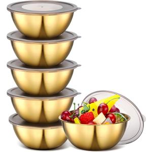Nuogo 6 Pcs Gold Stainless Steel Mixing Bowl with Airtight Lids 6.7 inch Gold Esthetician Bowls for Easter Ramadan Serving Facial Salad Fruit Snack Soup Cereal Wedding Party