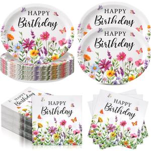 Potchen 50 Pcs Happy Birthday Wildflower Party Supplies Include 25 Oval Wildflower Paper Plates and 25 Colorful Floral Paper Napkins Birthday Tableware Decorative for Spring Summer Home Table Supplies