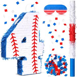 HyDren Baseball Piata with Bat, Blindfold and Confetti, Number Piata 16 Inch Sports Theme Party Decoration Supplies for Baseball Birthday and Celebration Events(Number 4)