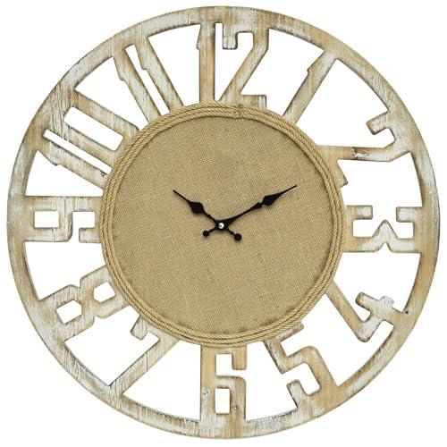 24 Inch Wooden Farmhouse Wall Clock Battery Operated, Silent Large with Rope Accents Rustic Home Decor Non-Ticking Quartz Movement Easy to Read Clock for Living Room, Kitchen, or Bedroom