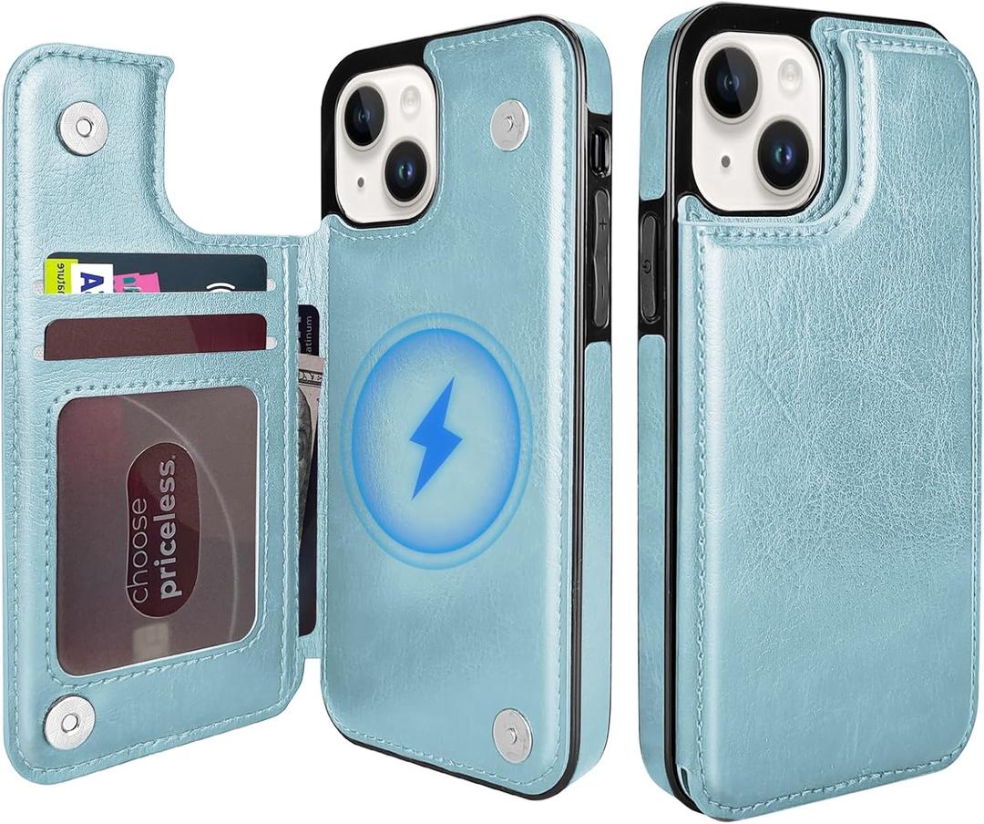 Wallet Case for iPhone 12 and 12 Pro 6.1", Compatible with MagSafe, Wireless Charging, Leather Card Holder Kickstand Protective Cover Magnetic Phone Flip Case-Sky Blue