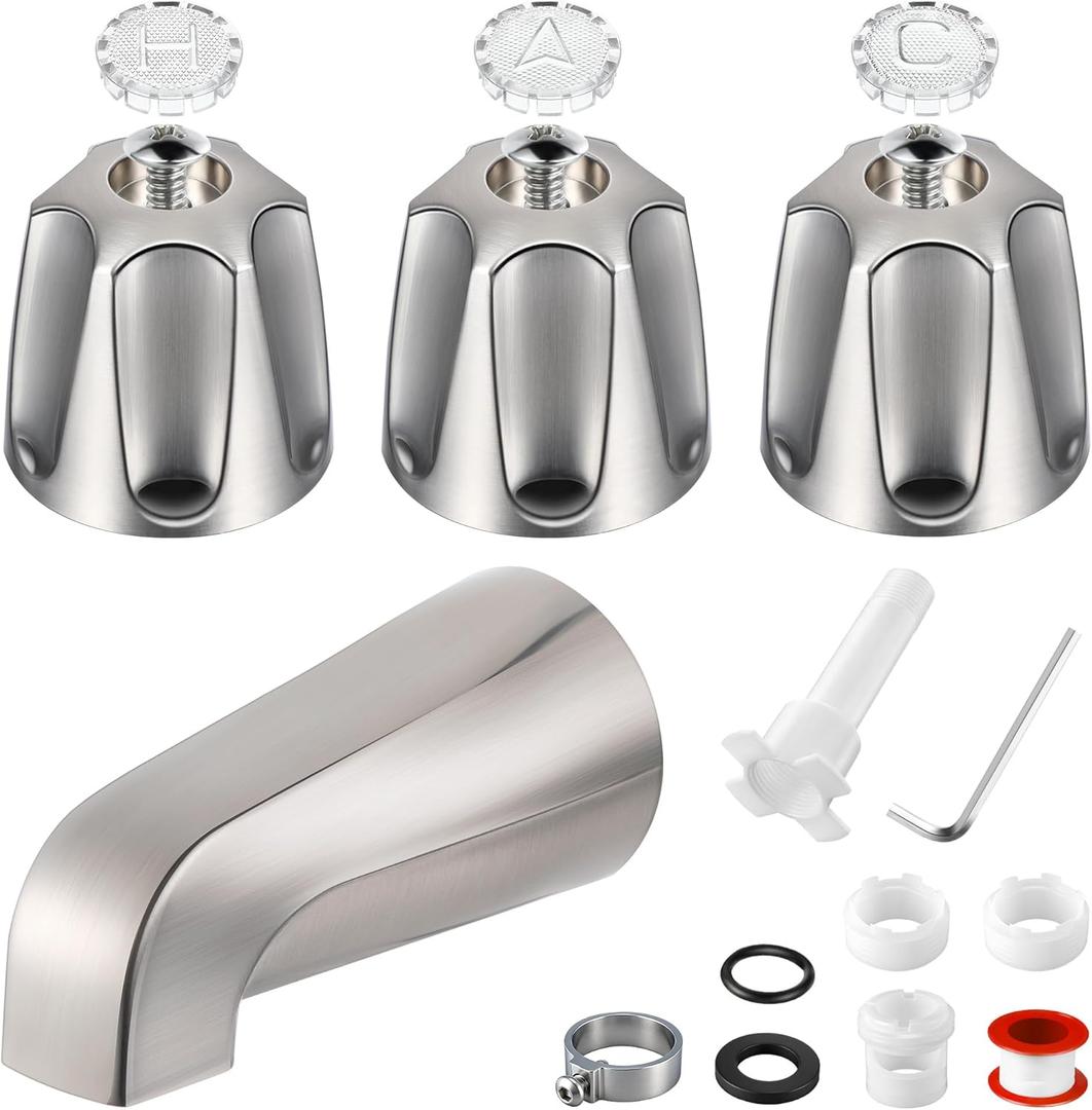 Enhon 3 Handle Shower Faucet Set Compatible with Pfister Verve Bath Tub Tool, Shower Knob and Bathtub Faucet Fits 1/2'', 3/4'' IPS Connection With 4 in 1 Spout Adapter Assembly Tool(Brushed Nickel)
