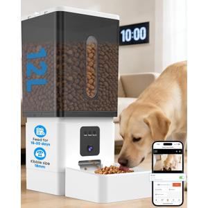 Large Dog Automatic Feeder with Camera: 12L/50 Cups Home Smart Dog Feeder for 20 Days Feeding - Anti-Clog with 20mm Wide Chute for Big Breed Owner