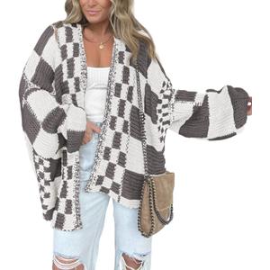 BTFBM Casual Cardigan Sweater for Women Fall 2026 Long Sleeve Open Front Chunky Knit Sweaters Checkered Outwear Coat (Gray, S)