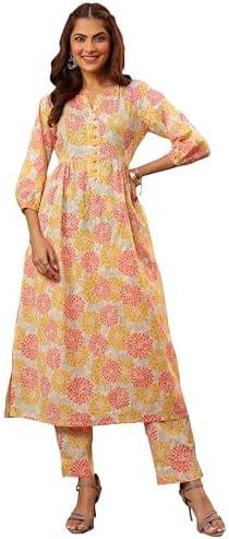 Janasya Indian Women's Cotton Off White Floral Print Casual Wear Kurta Set for Women XL