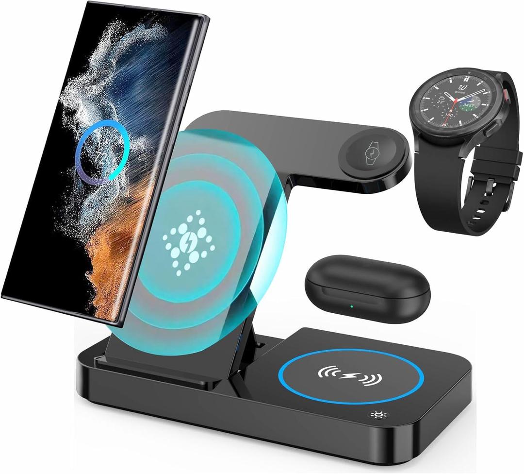 Suonee Wireless Charging Station For Samsung, 3 in 1 wireless Charger Stand for Samsung Galaxy S25 S24 Ultra S23 S22 Note 20 Z Fold 7/6 - Wireless Charger Station For Samsung Galaxy Watch 8 7 6 5 Buds
