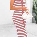 BTFBM Casual Women Spring Dresses 2025 Sleeveless Striped Midi Button Down Dress Ribbed Knit Cardigan Cover Up Dress (L)