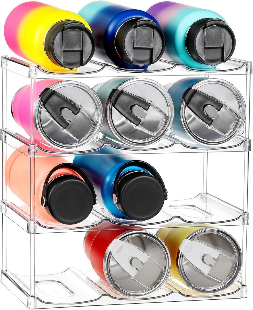 LARGER Compartment - Stackable Water Bottle Organizer Holder - for Stanley & Others' Large Tumbler - Clear Wine Rack, Cup Bottle Holder for Cabinet Home Countertop Fridge Pantry Shelf, 4 Tier Hold 12