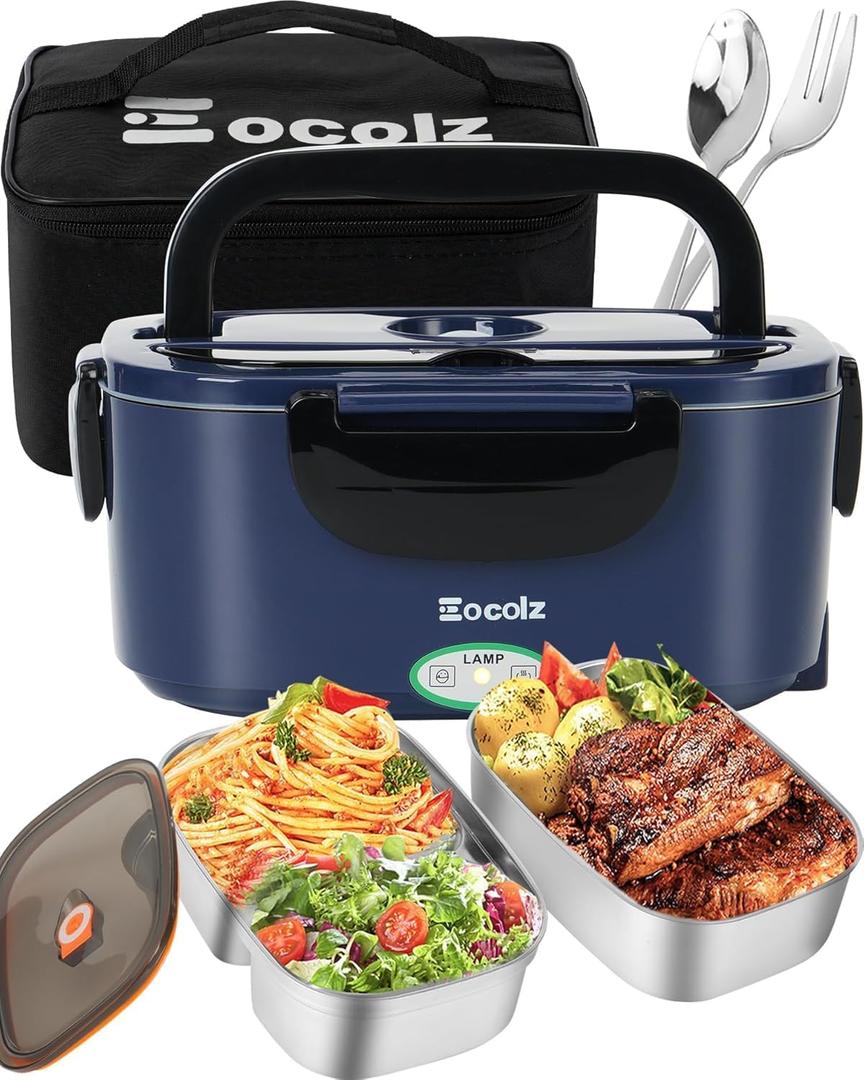 Eocolz Electric Lunch Box Food Heater 80-100W, Food Warmer with Dual Container 1.5L Portable Heated Lunch Box for Car Truck Work Stainless Steel Fork & Spoon 12/24/110V for Adults Lonchera Elctrica (Gray)