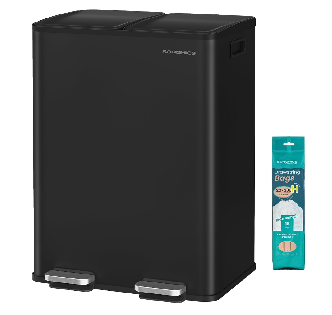 SONGMICS Trash Can, 2 x 8 Gallon (2 x 30 L) Dual-Compartment, Soft-Close
