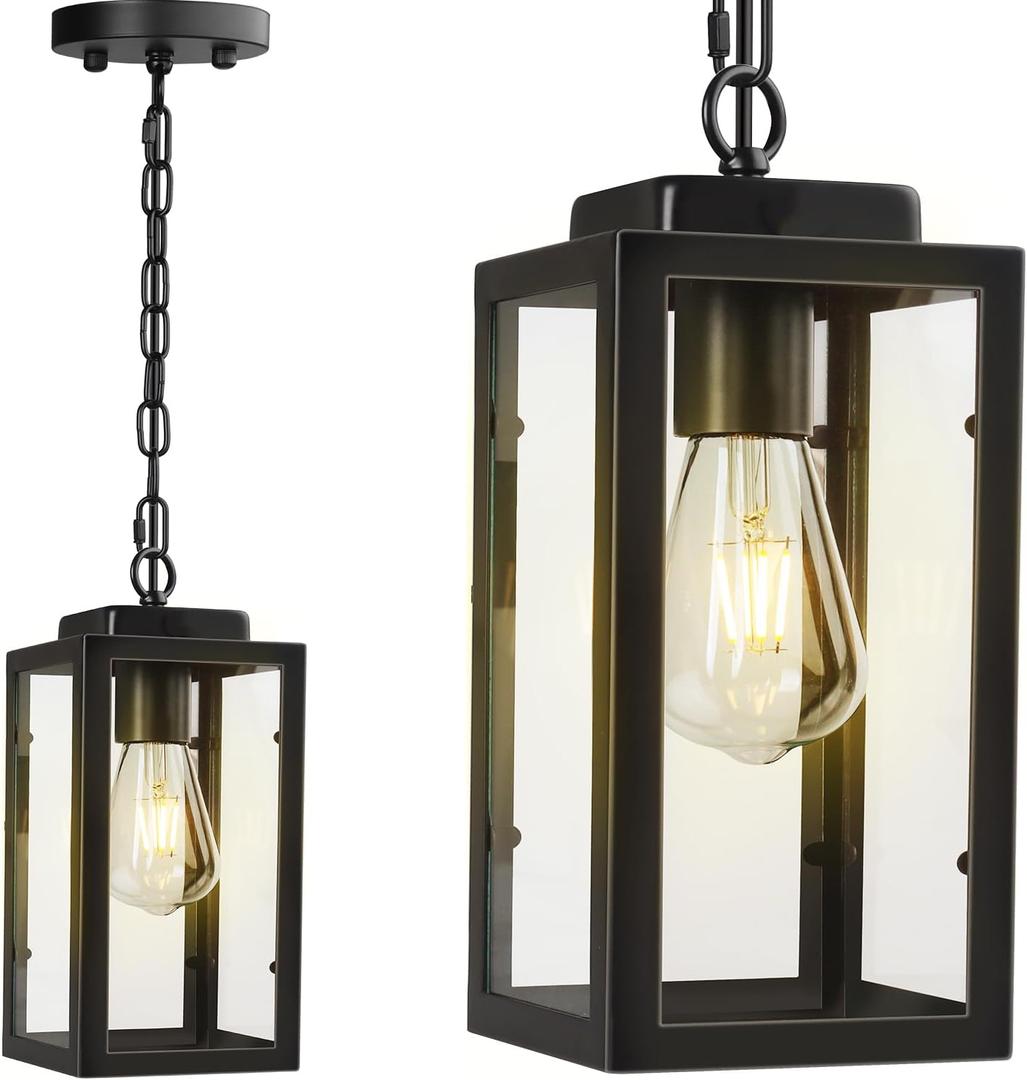 Outdoor Pendant Light, 11" Porch lights Outdoor Chandelier Hanging Ceiling Lights, Black Aluminum Lightshade with Tempered Glass, Exterior Lighting Fixture for Porch Yard Gazebo, 1 Pack, No Sensor