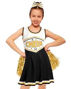 JenPen Cheerleader Costume Cheerleading Outfit Dress Cheer Uniform with Bow Halloween Dress up Gifts(5-7 Years, Black and Gold)