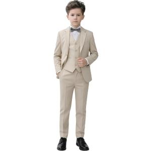 YuanLu Boys Suit for Kids Tuxedo Wedding Ring Bearer Outfit, 5 Piece Boy Slim Fit Formal Suits with Adjustable Waist (2T, Light Champagne)