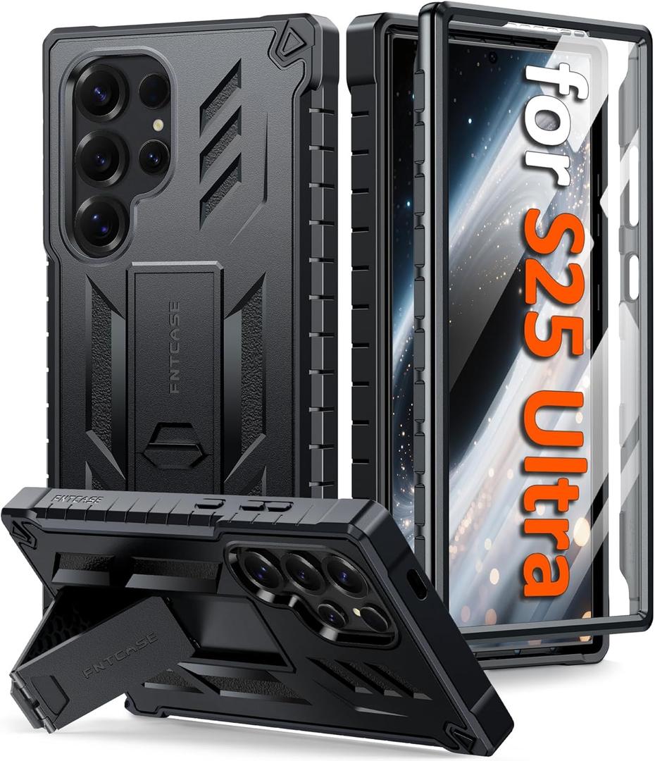 FNTCASE for Samsung Galaxy S25-Ultra Case: Military Grade Drop Proof Protection Mobile Cover with Kickstand | Matte Textured Rugged Shockproof TPU | Protective Sturdy Phone Case 6.8 Inch (Black)