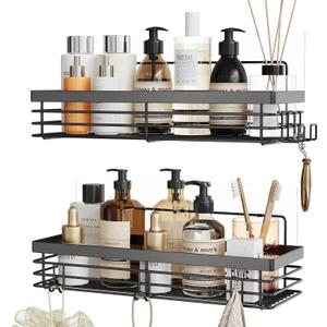 Orimade Shower Caddy with 5 Hooks for Hanging Razor and Sponge Adhesive Shower Shelf Basket Bathroom Storage Organizer Kitchen Rack No Drilling Stainless Steel Rustproof - 2 Pack,Black