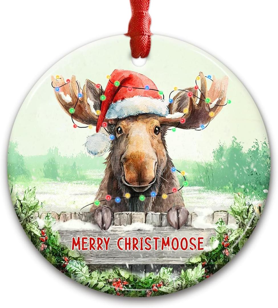 5 x Cute Moose Christmas Ornament 2025 - Peeking Moose Playing with Xmas Light Ornaments - Farm Animal Lover Gift for Kids, Men, Women, Rustic Holiday Decor