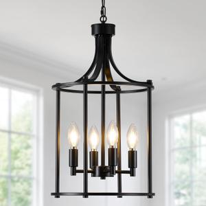4-Light Black Chandeliers for Dining Room, Foyer Chandeliers Lantern Tiered Industrial Ceiling Light Metal Modern Farmhouse Pendant Lights for Kitchen Island Entryway, Living Room