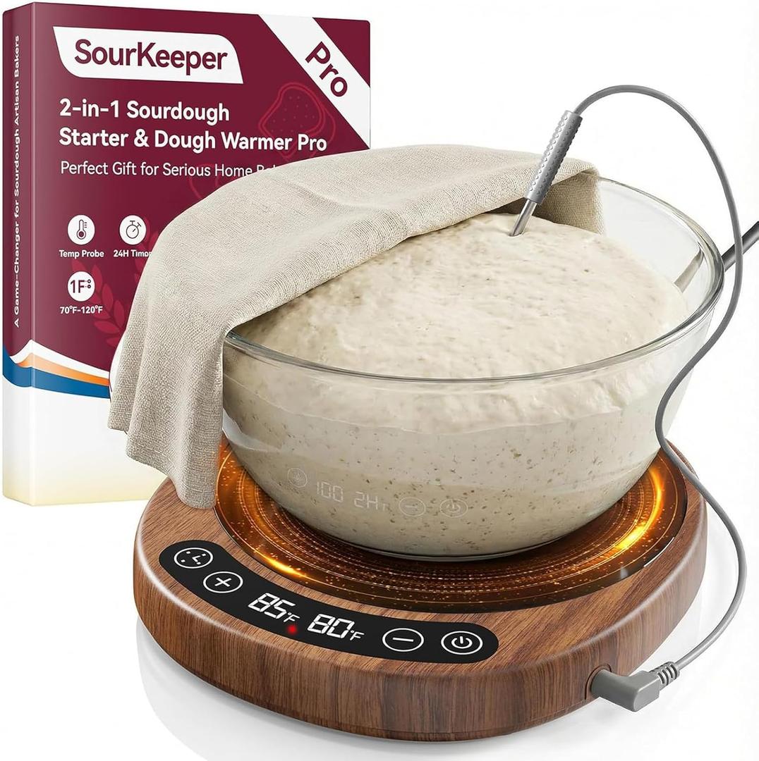 SourKeeper, Larger 2-in-1 Sourdough Starter Warmer Pro - 2026 Upgrade Larger Heating Plate, Dough Temp Probe, 1F Control (70110F), 24H Timer, Real-Time Monitoring Walnut,6.5inch