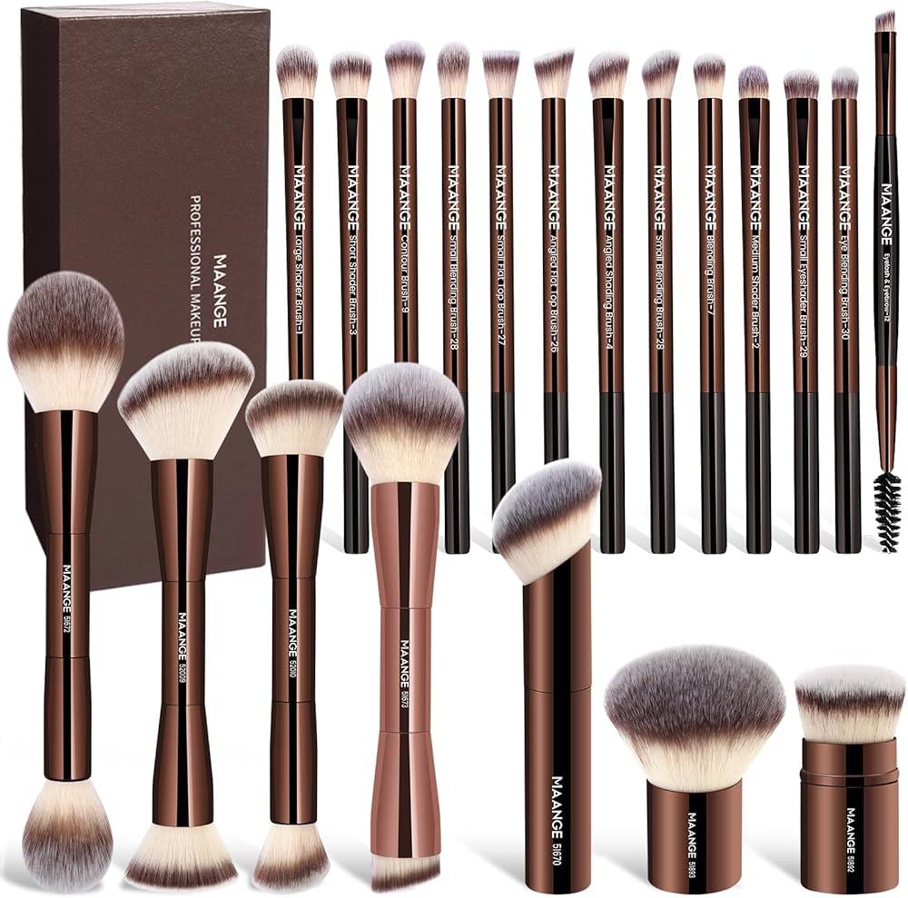 MAANGE 20 Pcs Makeup Brushes with Gift Box, Double-End Multi-functional Makeup Brushes for Blending Liquid Powder Concealer Cream Blush Buffe,CoffeeBrown
