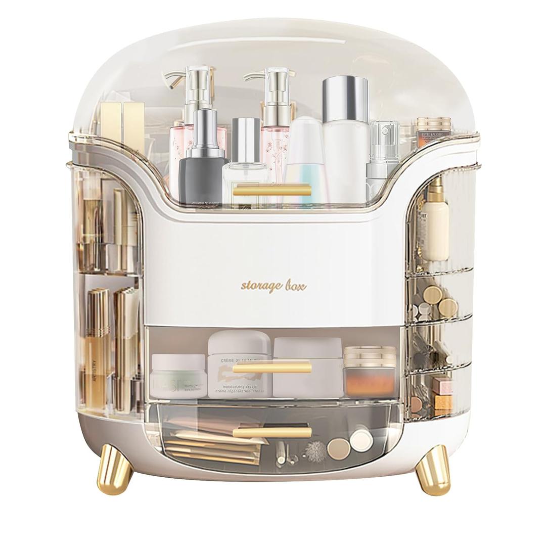 Makeup & Skincare Organizer Box for Countertop with Lid & Drawers, White