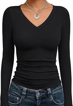 ANRABESS Long Sleeve Shirts for Women V Neck,Black,XS