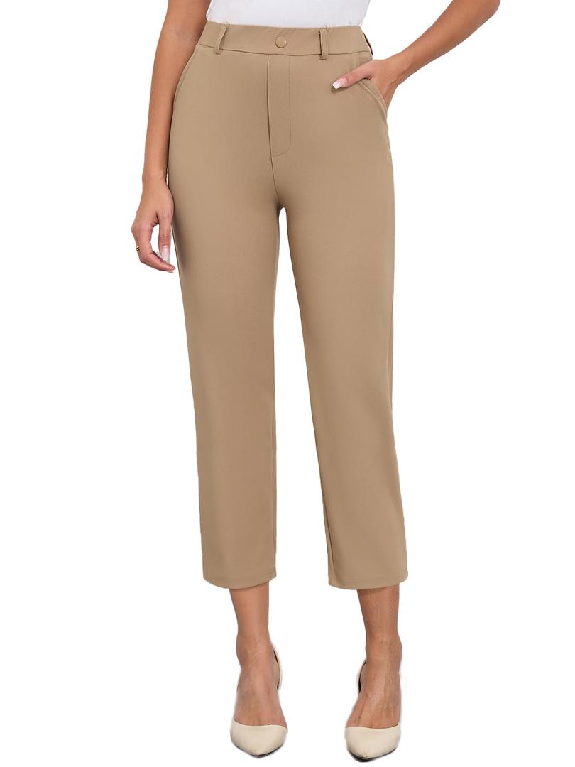 Agenlulu Capri Pants for Women Dressy Casual High Rise Dress Pants Pull On Stretchy Straight Business Work Capris Slacks Khaki (Beige)
