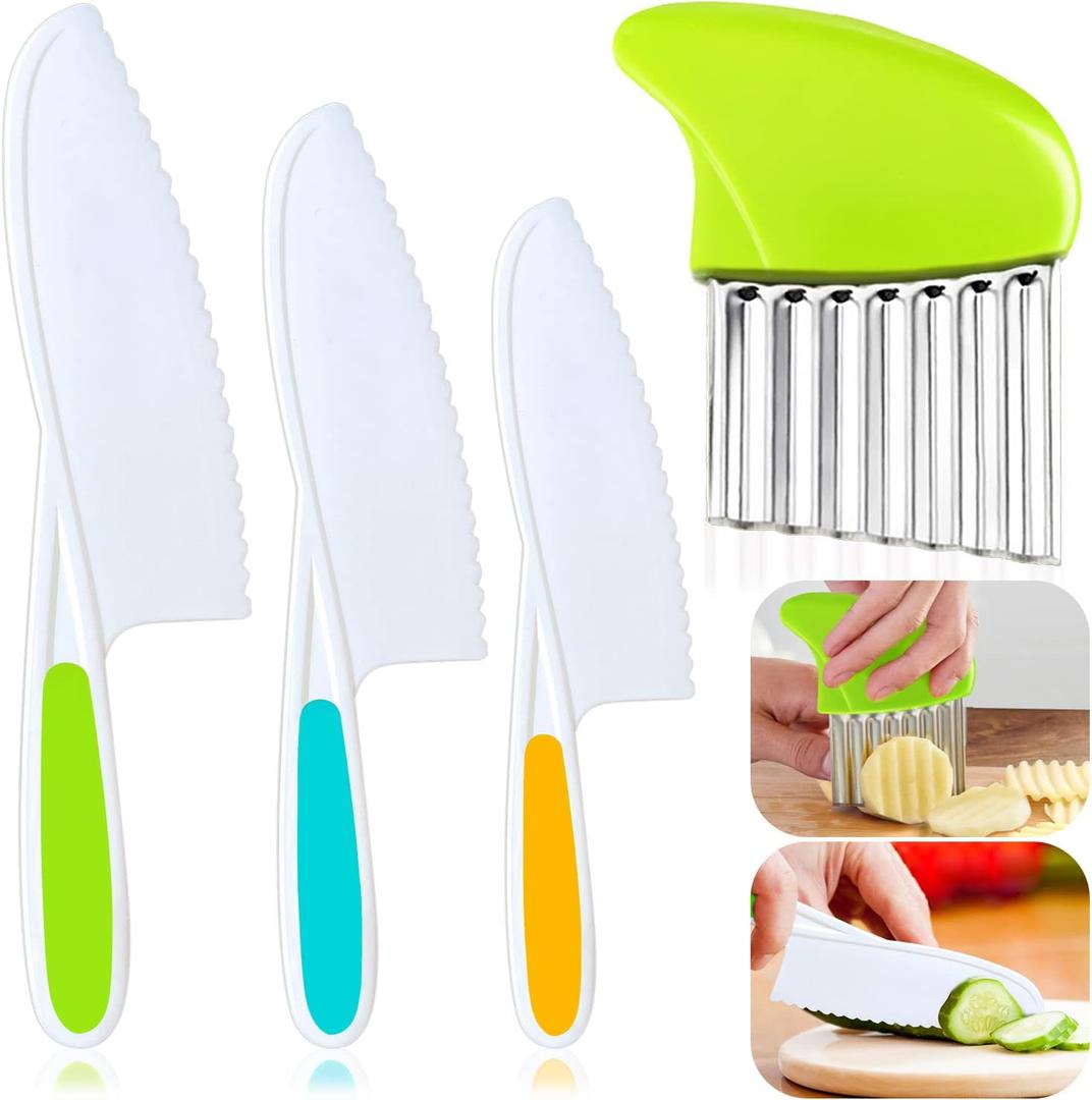 4 Pcs Kids Knife Set, Kids Kitchen Knife with Crinkle Cutter, Serrated Edges Plastic Toddler Chef Knife for Real Cooking & Cutting Fruit Bread