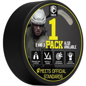 EAGLES Ice Hockey Pucks 1, 2, 3, 6 or 50 Pack | High Grade Pucks Official Regulation Weight & Size for Practice & Classic Training - 6 oz Diameter 3" Thickness 1" Black Hockey Puck Roller Hockey