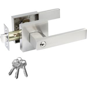 JO.KO Entry Door Lock Set, Square Door Lever for Bedroom, Passage Door Privacy Locking Interior/Exterior Entry Door Knob/Heavy Duty (1 Pack, Satin Nickel)