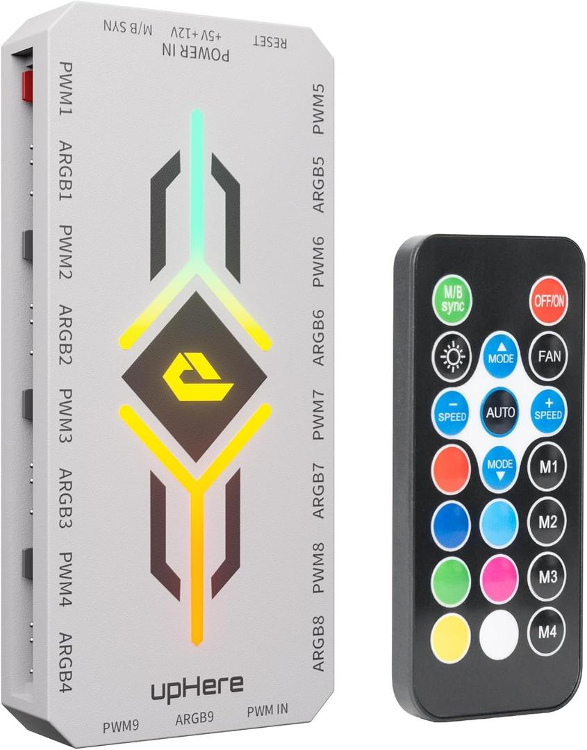 upHere PWM & 5V Addressable ARGB Magnetic Fan Hub 1 to 9-Port PC Case Splitter with Remote Control,SATA-Powered Cooling Hub for Custom RGB PC Builds,White,P10PARGB WT