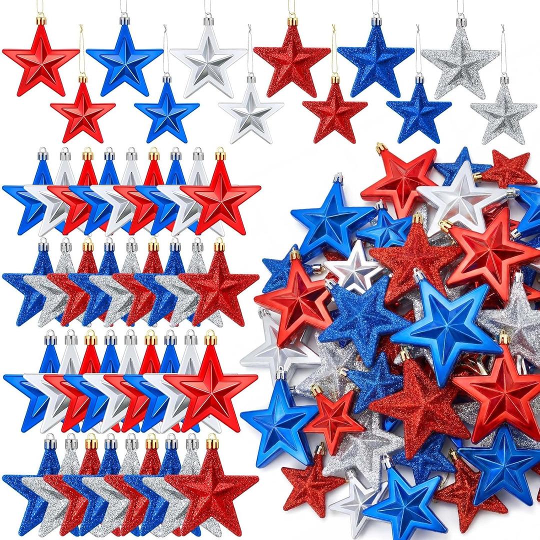 60 Pcs Patriotic Star Hanging Ornament 4th of July Tree Decor Red Blue Silver Star Ornament for Tree 4th of July Independence Pendant for 250th Anniversary Patriotic Veteran Decor