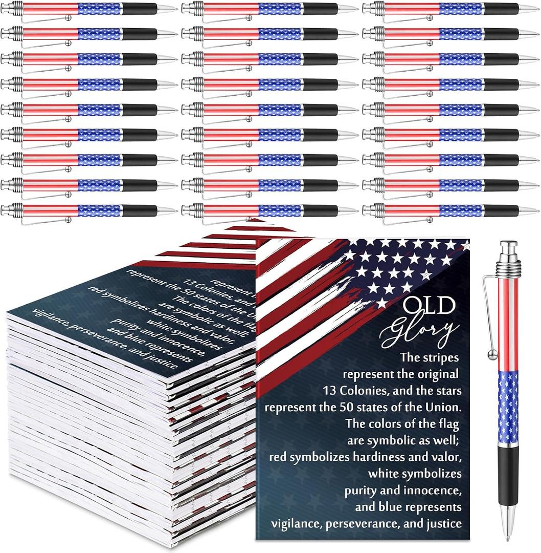 Sayglossy 36 Set 4th of July Patriotic Pens Bulk 250th Anniversary Mini Stars Stripes Notebook American Flag Metal Retractable Ballpoint Pens with Notebooks for Patriotic July 4th Party Favors (Flag)
