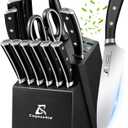 Knife Set, Kitchen Knife Block Sets with Sharpener, 6 Steak Knife Set Serrated with Block, 15 PCS Forged German Stainless Steel Rust Proof Knives, Dishwasher Safe Black, New Beveled Design 