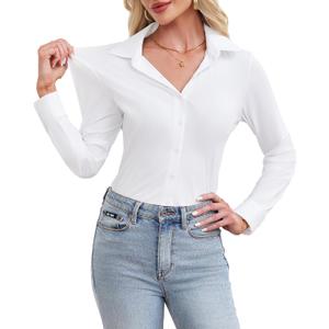 siliteelon Button Down Shirts for Women Stretch Long Sleeve Fitted Business Casual Collar Tops Work Wrinkle Free (S, White)