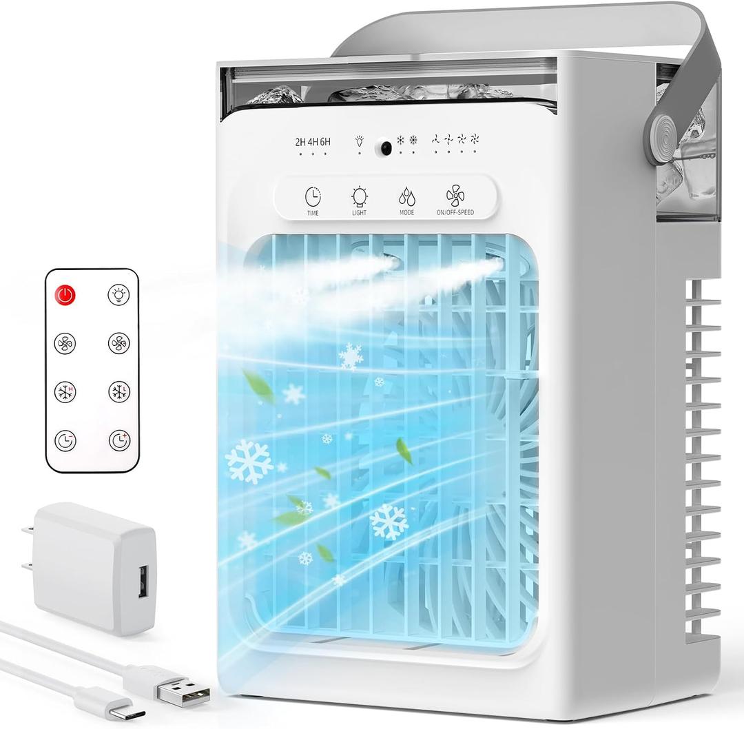 Portable Air Conditioners, Mini Personal Evaporative Cooler with Remote, 2 Mist Modes, 4 Wind Speeds, 1100 ML Water Tank, 2/4/6H Timer, Colorful Light, USB-C Powered Cooling Fan for Room Office Car