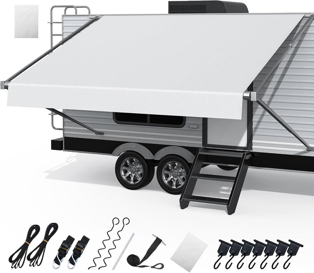 RV Awning Fabric Replacement, Upgraded 19oz Heavy Duty Material with Awning Tie Down Kits & 7 Hooks, Outdoor Vinyl Canopy for Trailer and Motorhome Awning- 10'(Fabric 9'2"), White