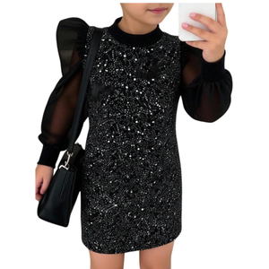WDIRARA Toddler Girl's Leopard Mesh Long Puff Sleeve Dress Mock Neck Pencil Short Dresses Black 6Y