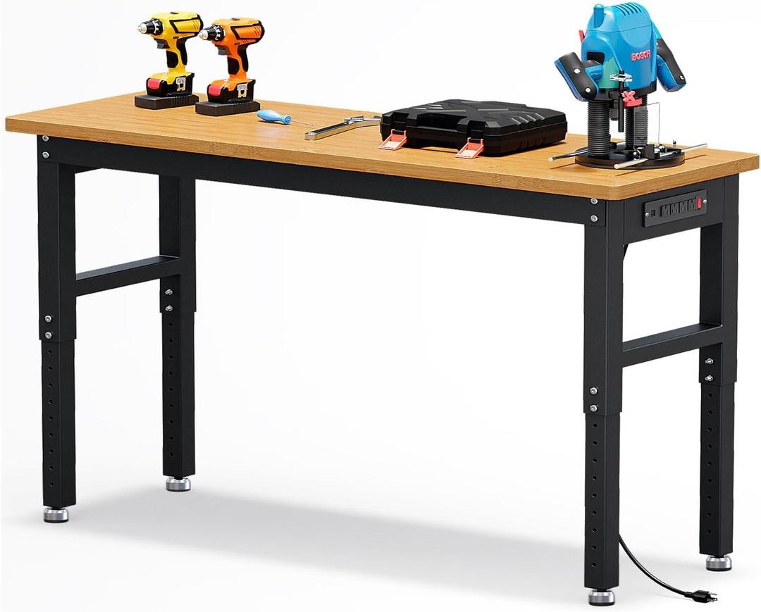 60 in Adjustable Height Garage Workbench, GarveeTech Max. 2200 LBS Capacity Solid Wood Work Bench Table, Heavy Duty Work Station for Garage, Shop, Home, Office
