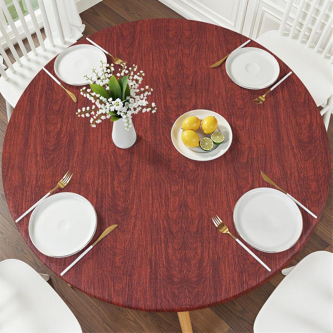 Smiry Round Picnic Tablecloth, Waterproof Elastic Fitted Table Covers for 45" - 56" Tables, Wipeable Flannel Backed Vinyl Tablecloths for Camping, Indoor, Outdoor, Reddish Brown