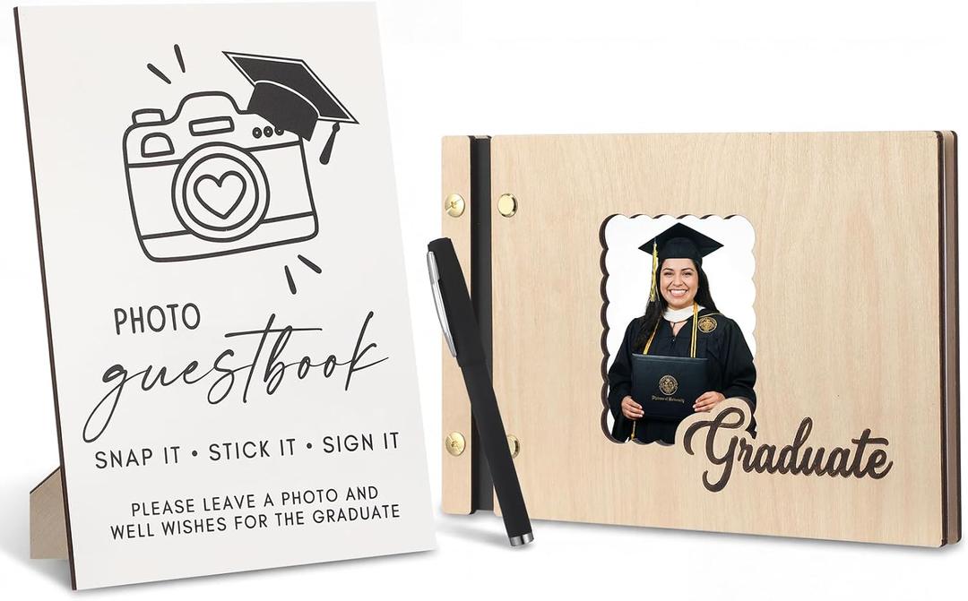 Marspark Graduation Guest Book Set 16 x 9" 90 Pages Wooden Scrapbook Photo Album Photo Guest Book Sign with Pen Graduation Memory for College Gift Congratulations Grad Party Decorations