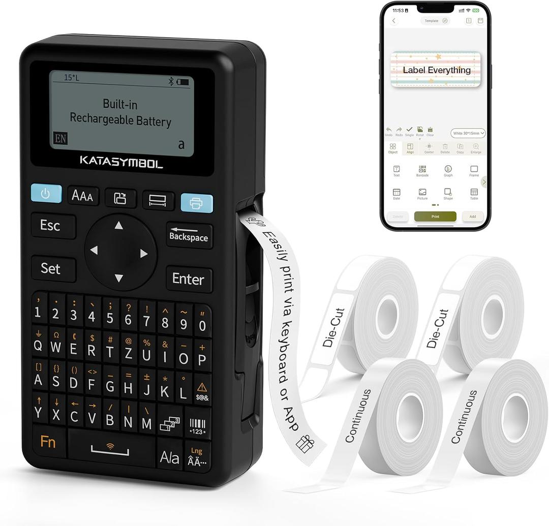 SUPVAN E11 Bluetooth Label Maker Machine with 4 Tapes, Support Keyboard & App with 30+ Fonts and 660+ Icons, Rechargeable Inkless Labeler for Home, Kitchen, Office, School, Organization, Black