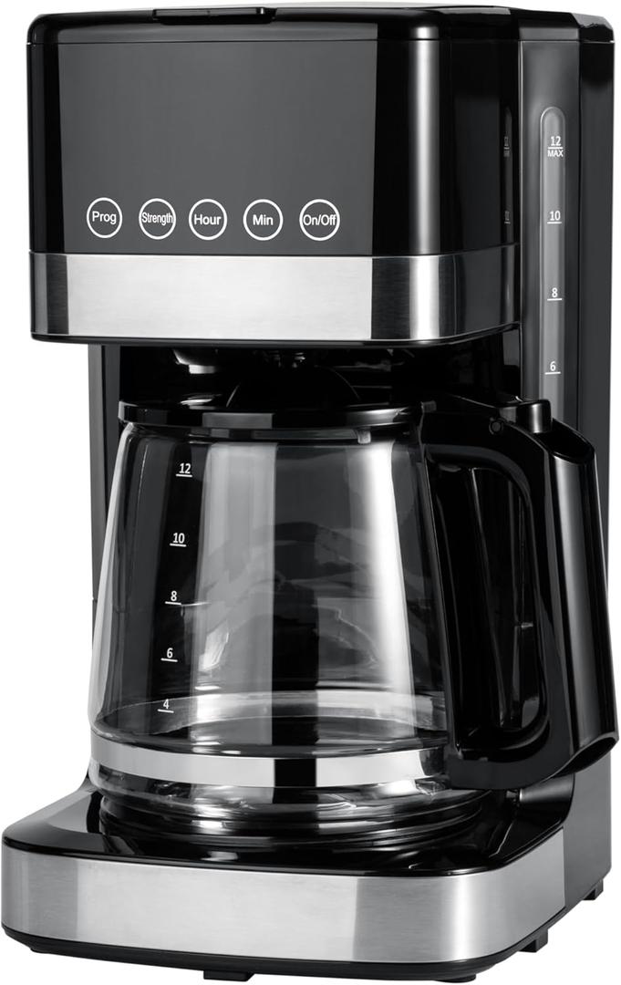 Amazon Basics Programmable 12 Cup Drip Coffee Maker with Glass Coffee Pot (1.9 Qt), Auto Shut-off, Touch Screen, Auto Pause, Removable Filter Basket, Black & Silver