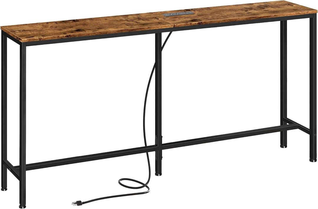 SUPERJARE Console Table with Outlet, 63 Inch Sofa Table with Charging Station, Narrow Entryway Table, Behind Couch Table, for Living Room, Plants - Rustic Brown