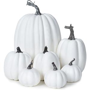 Lvydec 7pc Assorted Size White Pumpkins Craft Pumpkins for Halloween Thanksgiving Autumn Festive Party Supplies